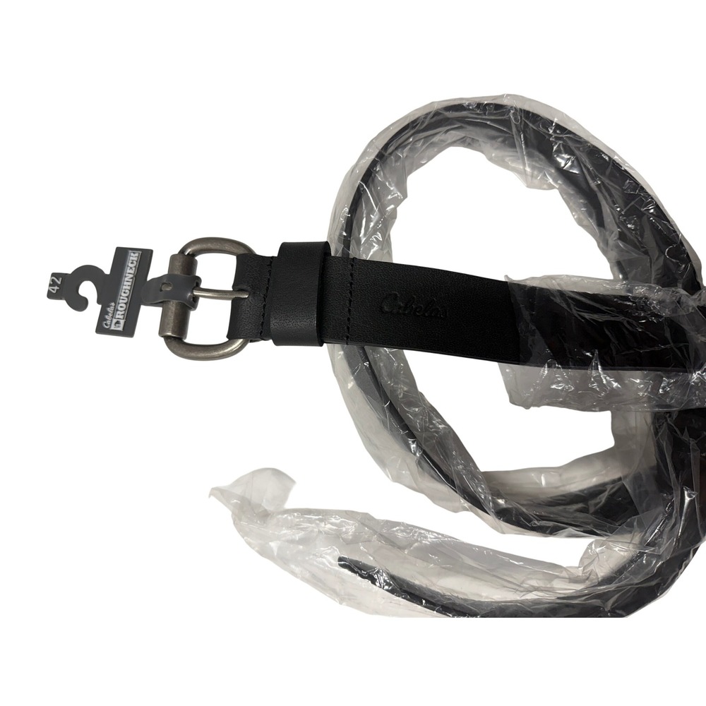 Cabelas Roughneck Mens Black Leather Belt Size 42 Silver Tone Buckle New